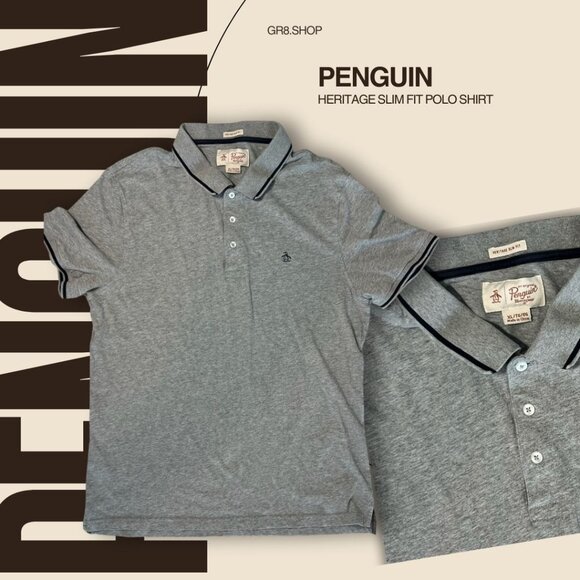 Penguin Heritage Slim Fit Polo Shirt XL Light Gray With Black Trim - Picture 1 of 5